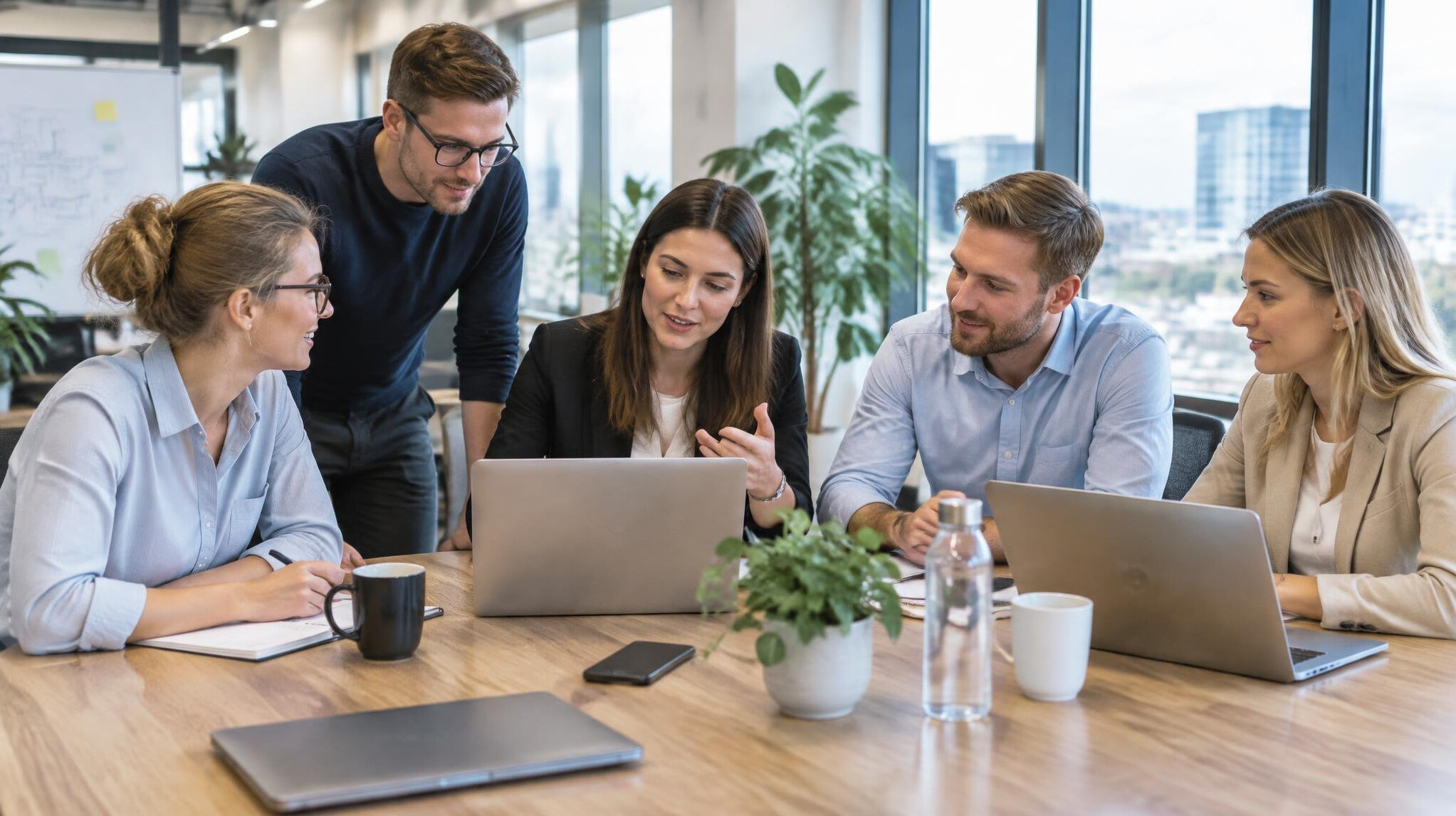 Colleagues collaborating in a modern office