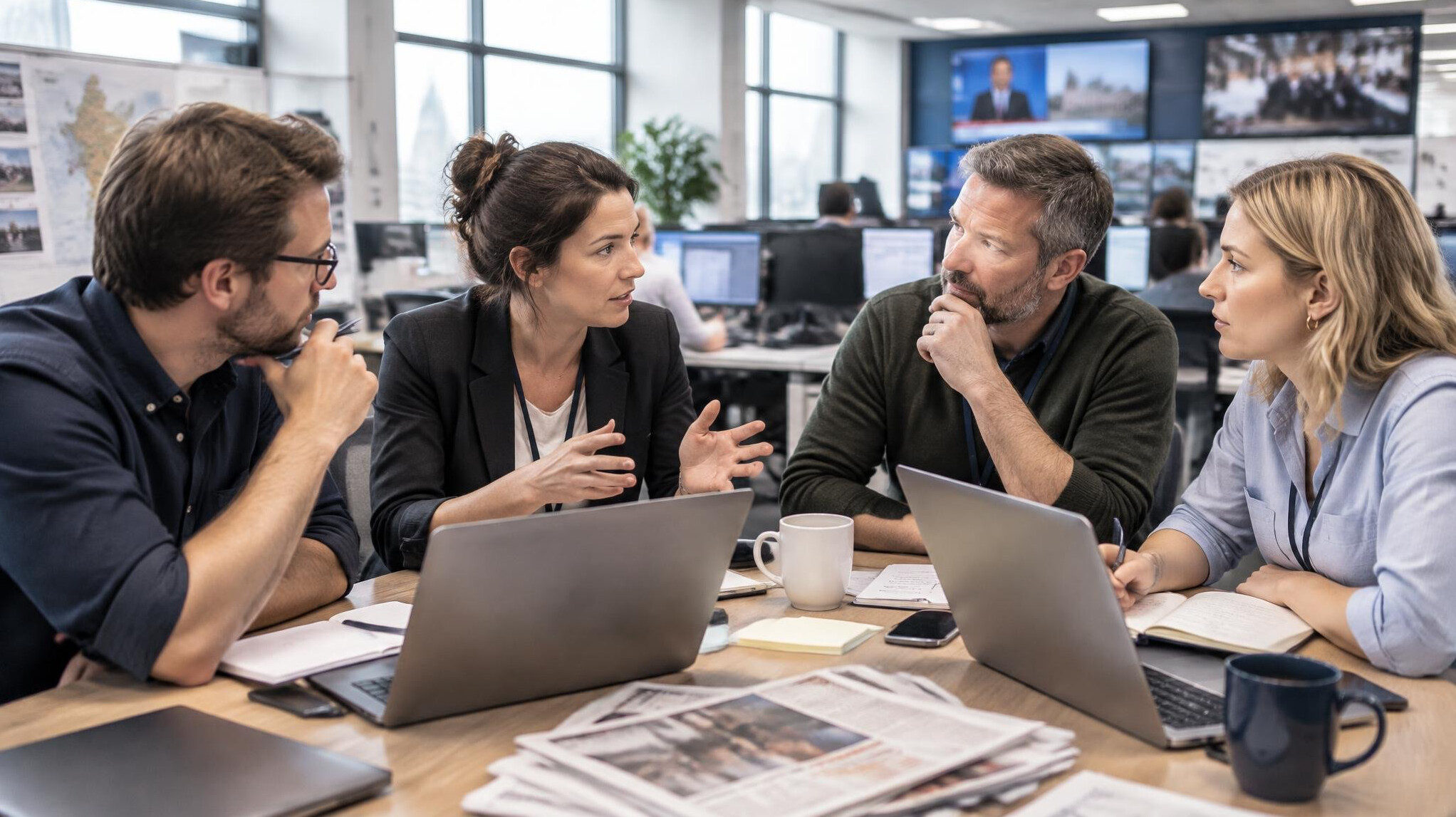 Editorial team meeting around a table with laptops