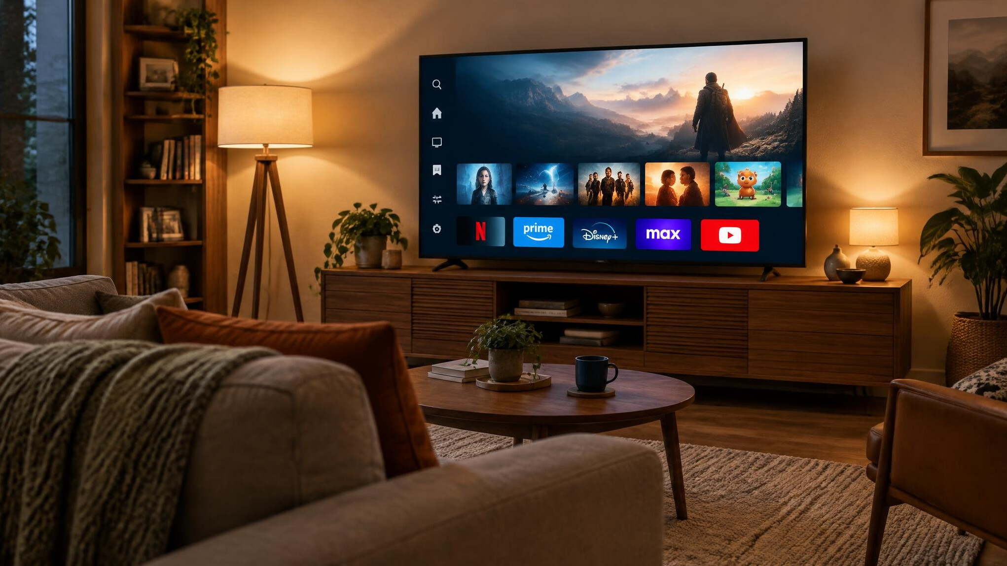 Television in a cozy living room showing a streaming service