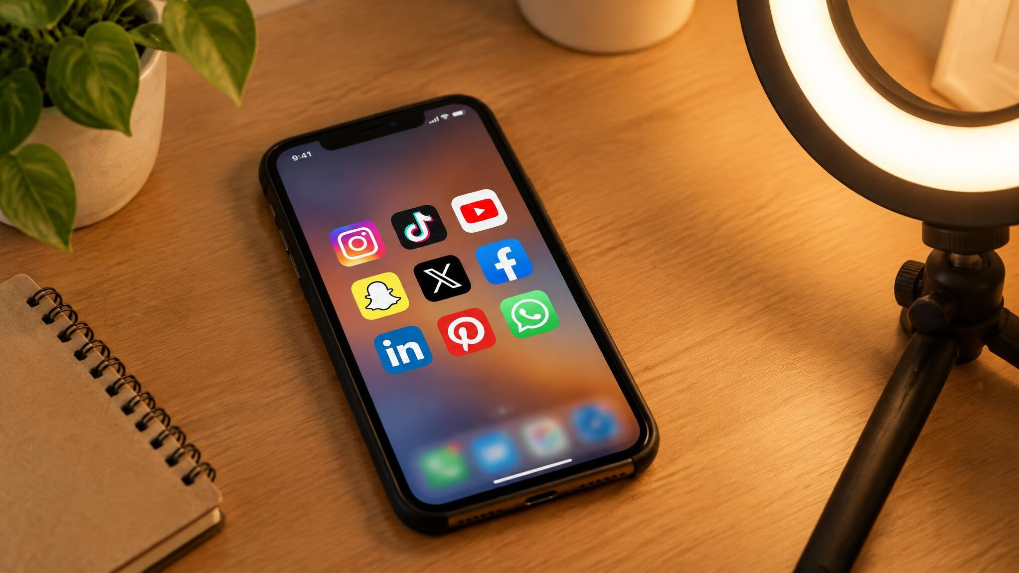 Smartphone with social media apps on a desk