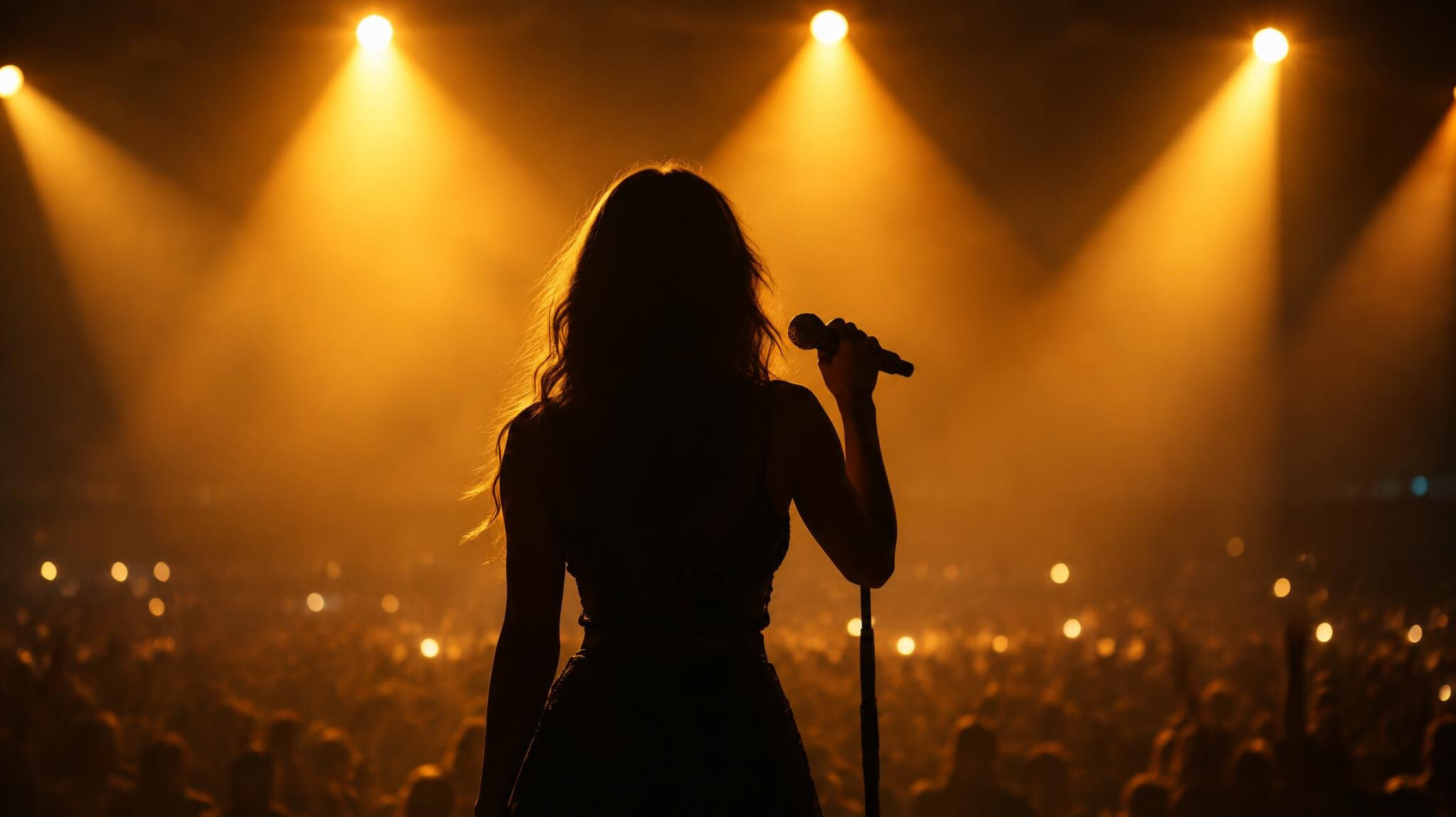 Musician silhouette on a stage with microphone